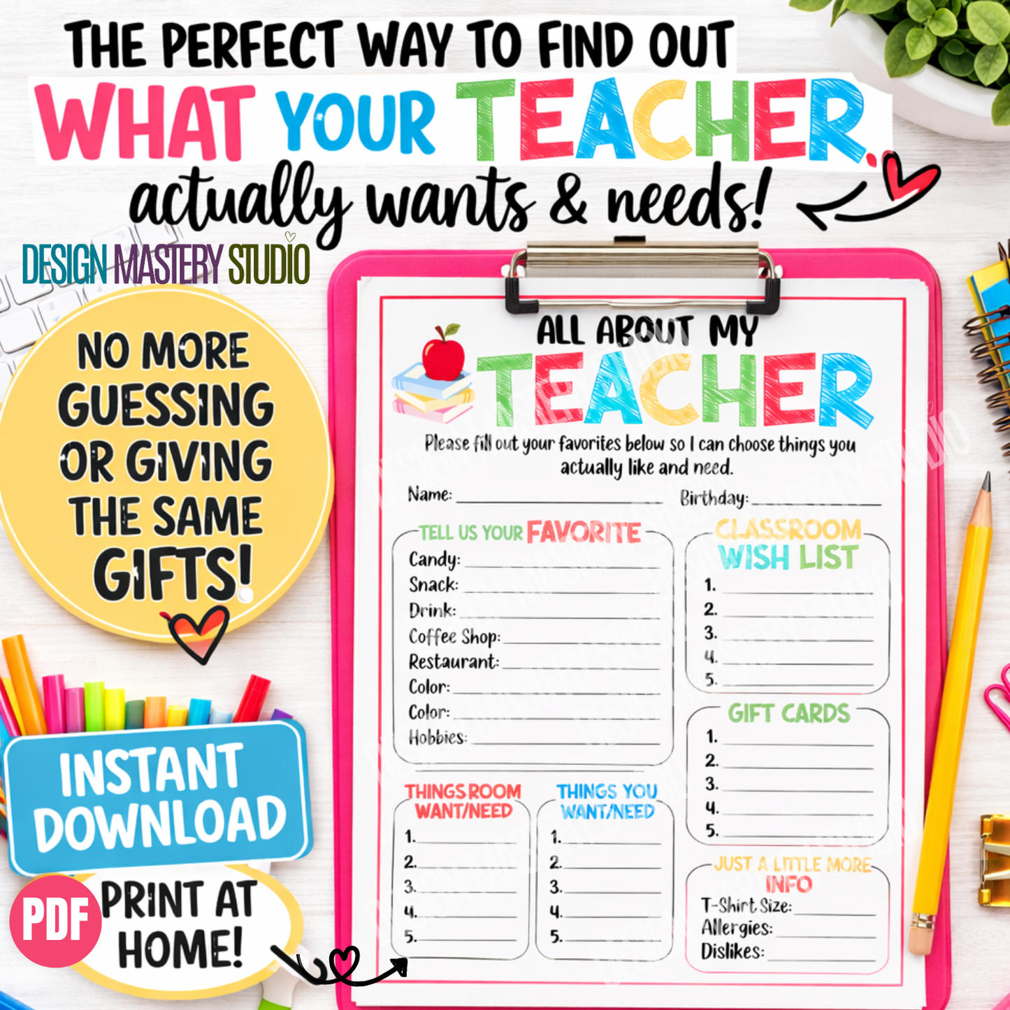 All About My Teacher – Teacher Favorites Printable | Teacher Appreciation Gift Helper *Digital Download