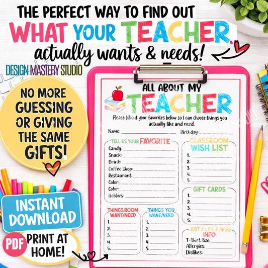 All About My Teacher – Teacher Favorites Printable | Teacher Appreciation Gift Helper *Digital Download